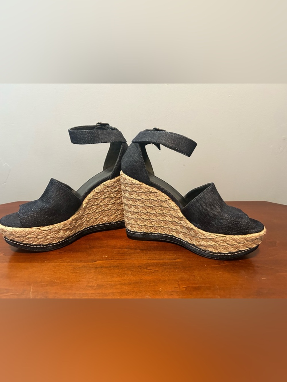 Stuart Weitzman Sohojute Dark Denim Espadrille Ankle-Strap Wedge Sandals - Picture 3 of 15